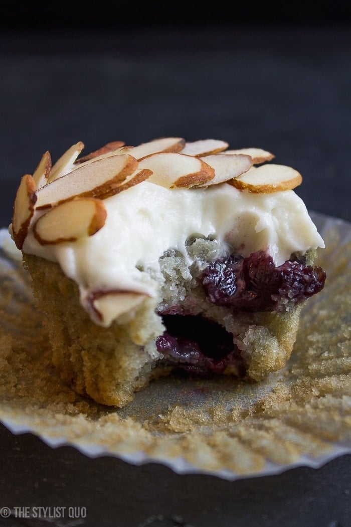 One of my most popular recipes, so moist and elegant! The cherry works perfectly with the almond, the tang of the cream cheese frosting, and the whimsical, crunchy slivered almonds.