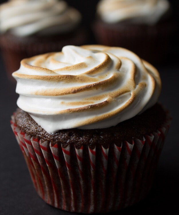 Hot Chocolate Cupcakes with Toasted Marshmallow Frosting