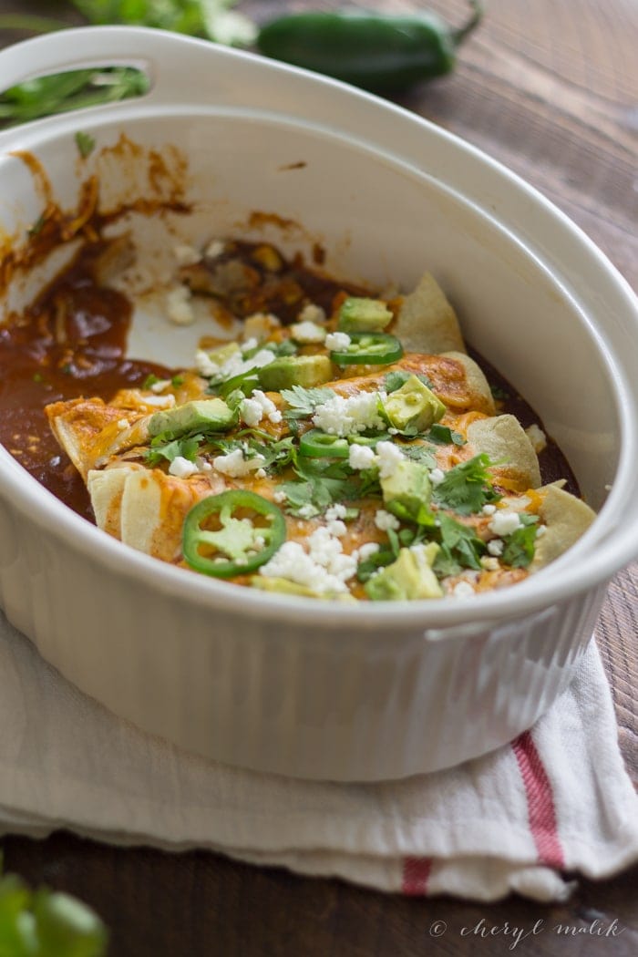 Vegetarian Enchiladas with Goat Cheese. Unbelievably tasty and so quick to pull together - a flavorful weeknight fave!