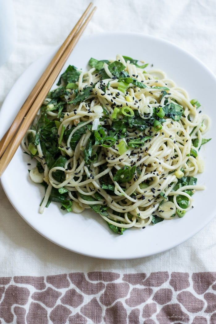 Peanut Spinach Udon. These noodles are perfect for lunch and are great warm, room temp, AND cold. Vegan & gluten-free option