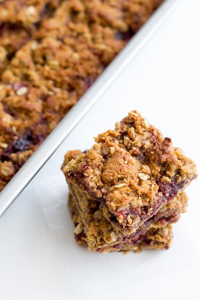 PB&J Bars. Vegan, gluten-free, and refined sugar free, this fun take on the classic sandwich  will become a back to school tradition!