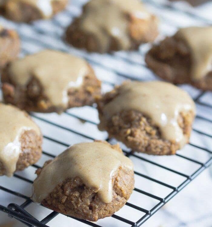 Pumpkin cookies with a maple glaze. These are so insanely healthy but so rich and indulgent! Vegan, gluten free, refined sugar free. They're basically rehab for your seasonal indulgences..