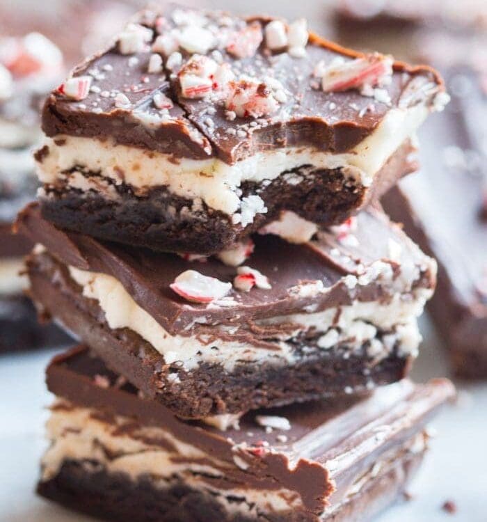 Unbelievable peppermint chocolate layered brownies: tender brownie, creamy cool frosting, and rich pepperminty ganache. Oh. My. Heavens. // 40 Aprons