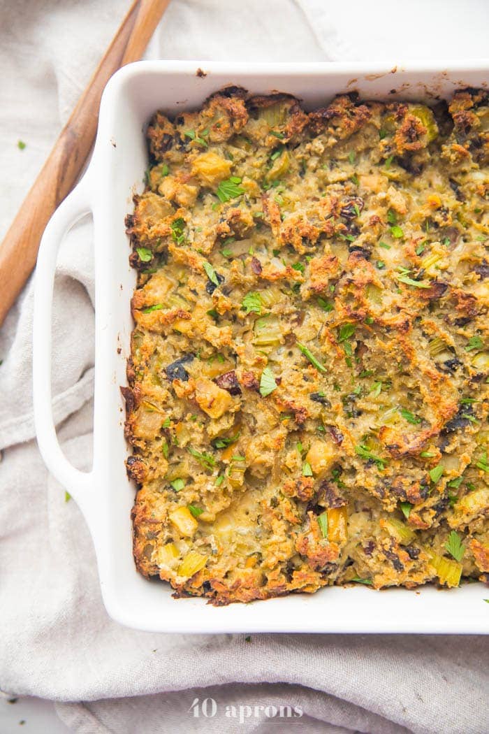 Healthy paleo stuffing recipe in a white baking dish