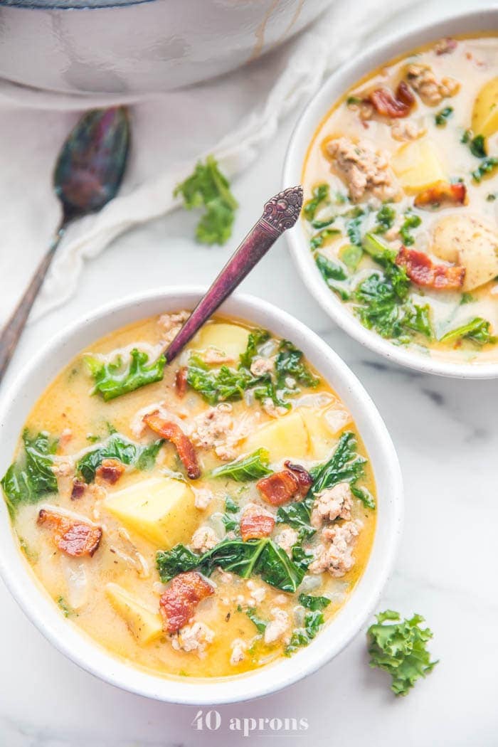 Two bowls of Whole30 healthy Zuppa Toscana recipe
