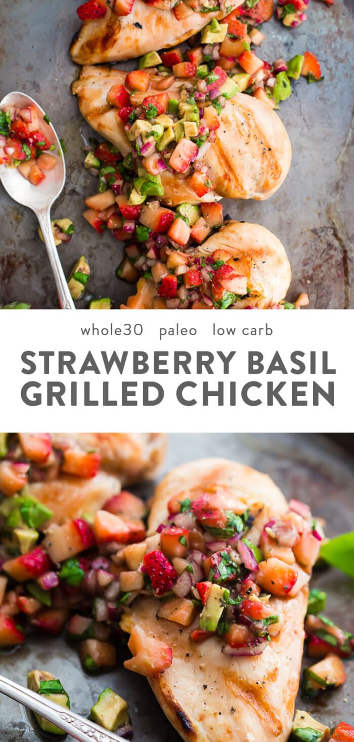 Strawberry basil chicken with avocado on a baking sheet.