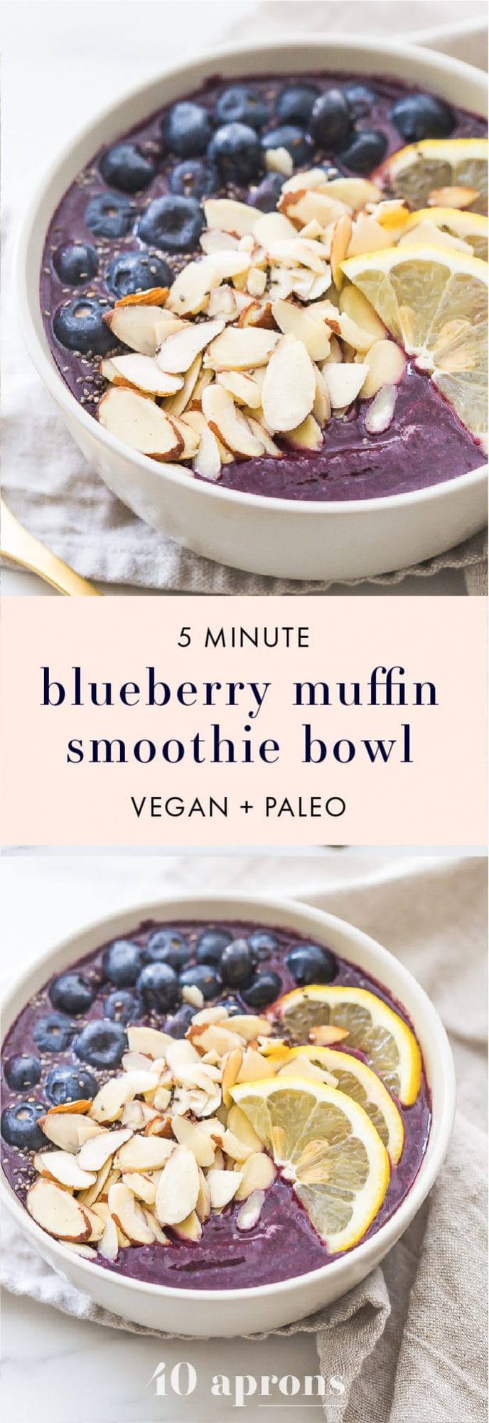 This blueberry muffin smoothie bowl is sweet with a touch of lemon and vanilla, just like a blueberry muffin! This blueberry smoothie bowl takes only 5 minutes and is paleo and vegan. With only 5 ingredients, you'll get addicted to this blueberry muffin smoothie bowl! You'll love this vegan smoothie bowl (or is it a paleo smoothie bowl? Or maybe just an easy smoothie bowl?! You decide)!