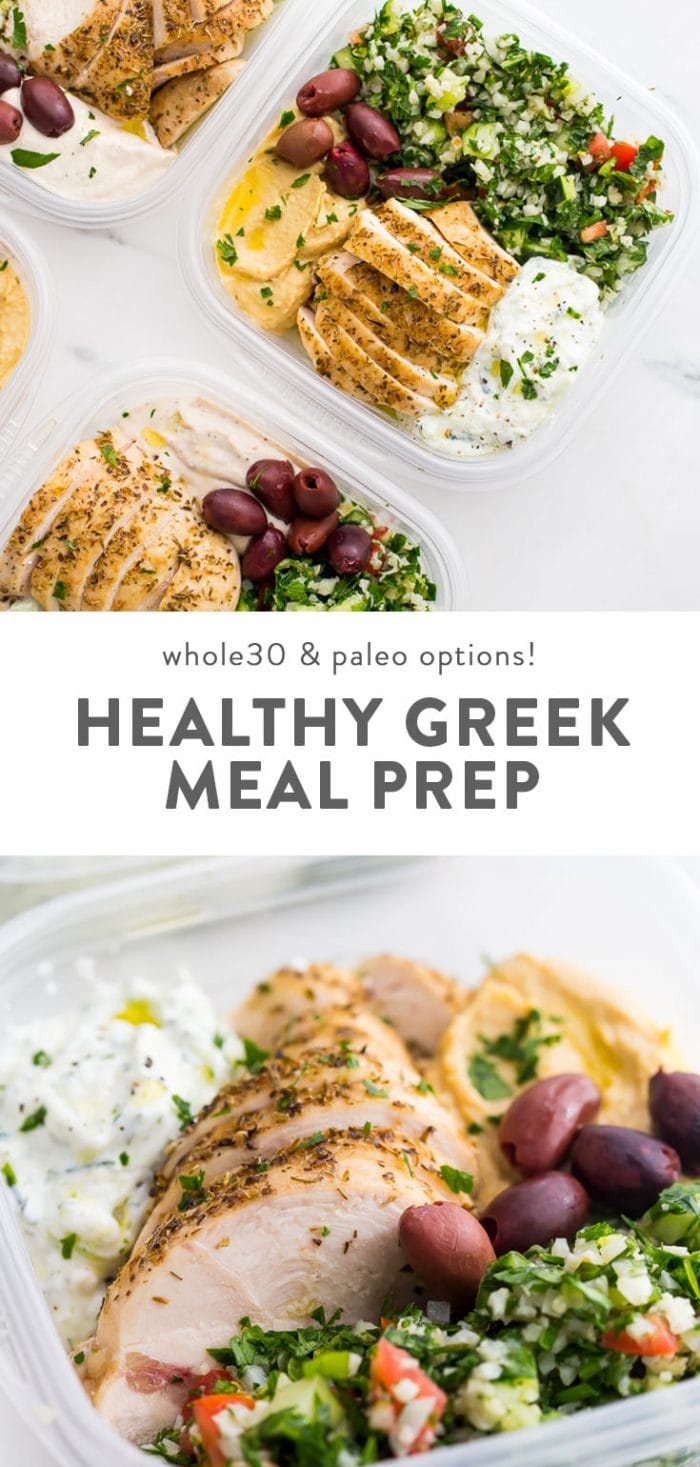 Healthy greek meal prep recipe in portable lunch bowls on a white table.