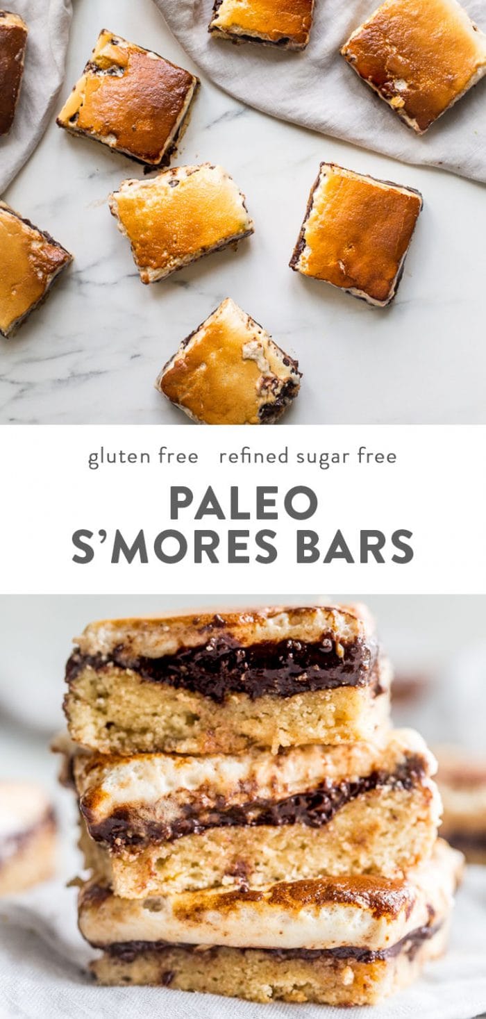 A stack of paleo smores bars, and smores bars on a marble table.