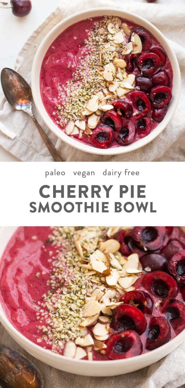 Vegan and paleo smoothie bowl topped with hemp seeds, almonds, and fresh cherries.