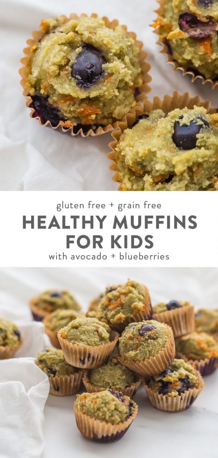 Healthy gluten free and grain free muffins for kids with blueberries and avocado.
