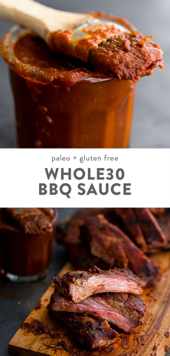 Whole30 BBQ sauce in a glass jar, and ribs with whole30 BBQ sauce.