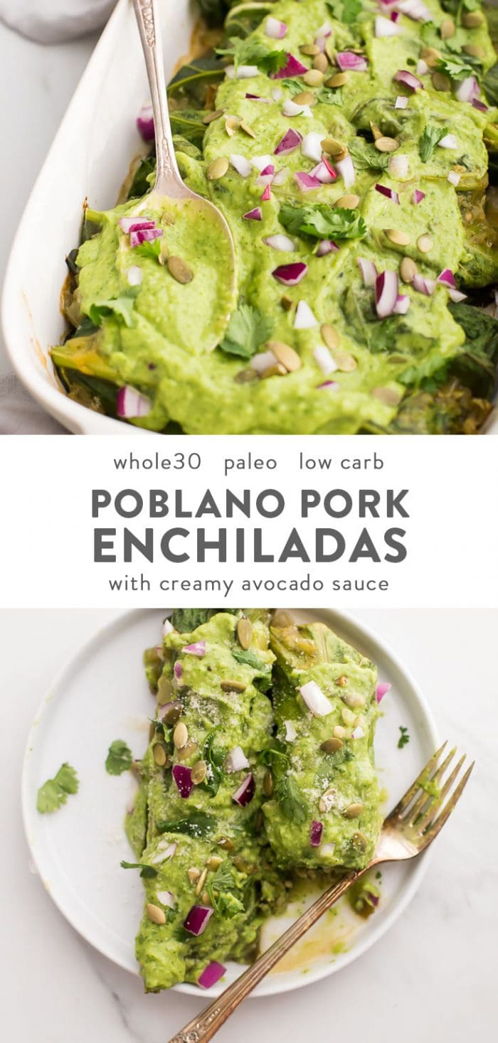Whole30 pork and poblano low carb enchiladas in a casserole dish and on a white dinner plate.