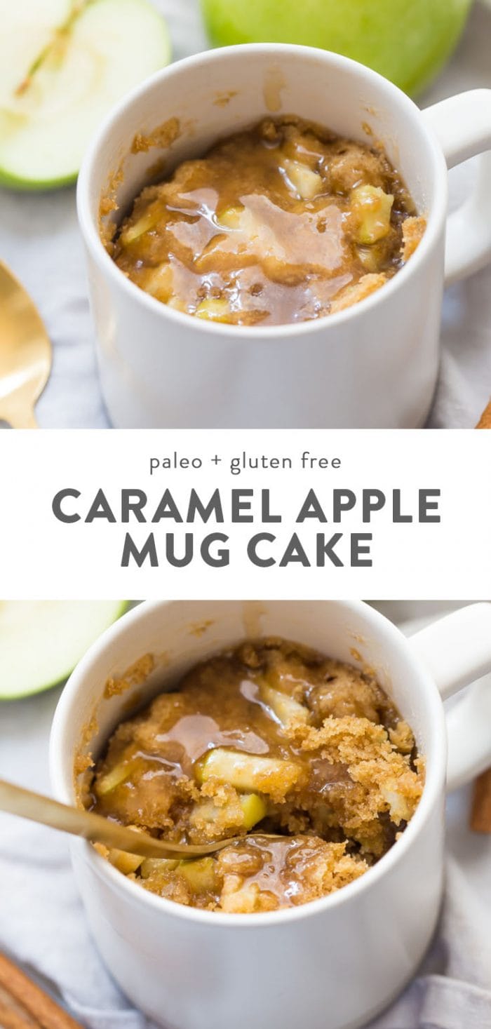 Paleo apple microwave cake in a mug, topped with vegan caramel sauce.