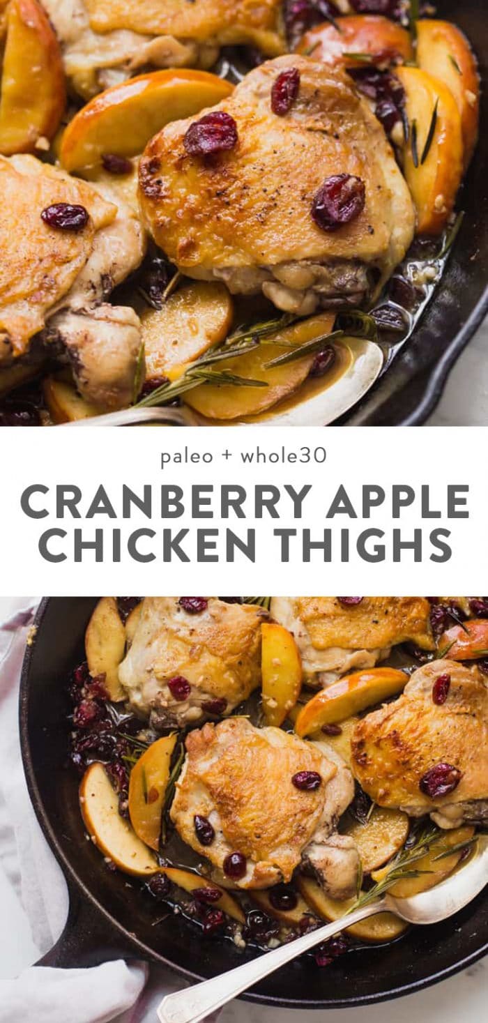 Paleo and whole30 cranberry apple chicken thighs in a cast iron skillet.
