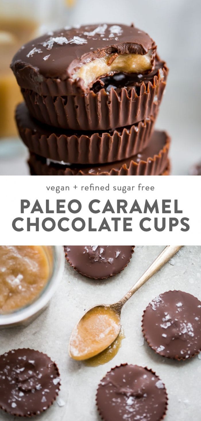 A stack of paleo and vegan chocolate cups with caramel, and caramel choclate cups on a silver background.