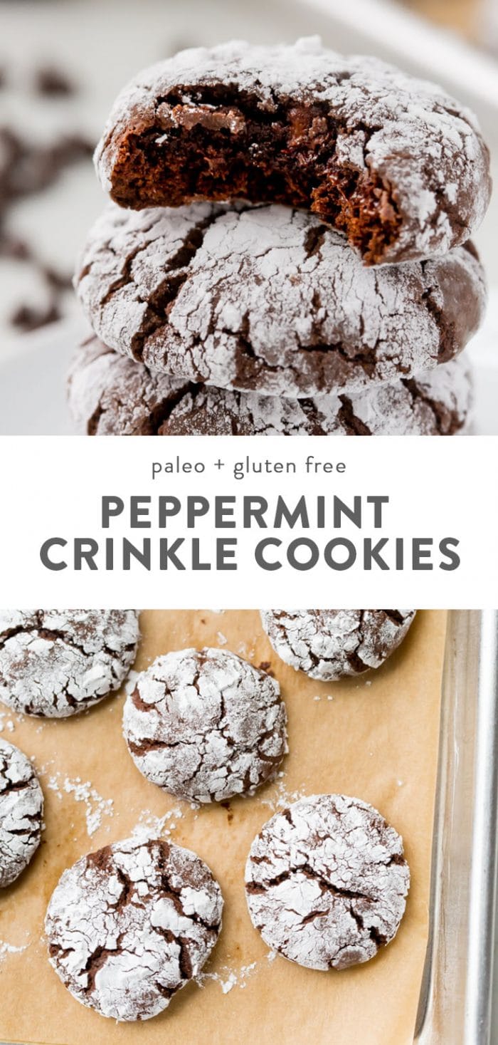 Paleo peppermint and chocolate crinkle cookies on a baking sheet.
