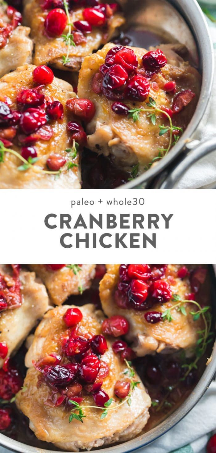 Whole30 cranberry chicken in a sautee pan.