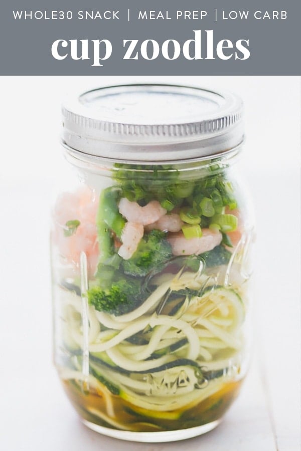 Whole30 snack cup zoodles in a mason jar with zoodles, veggies, shrimp, egg, and scallions