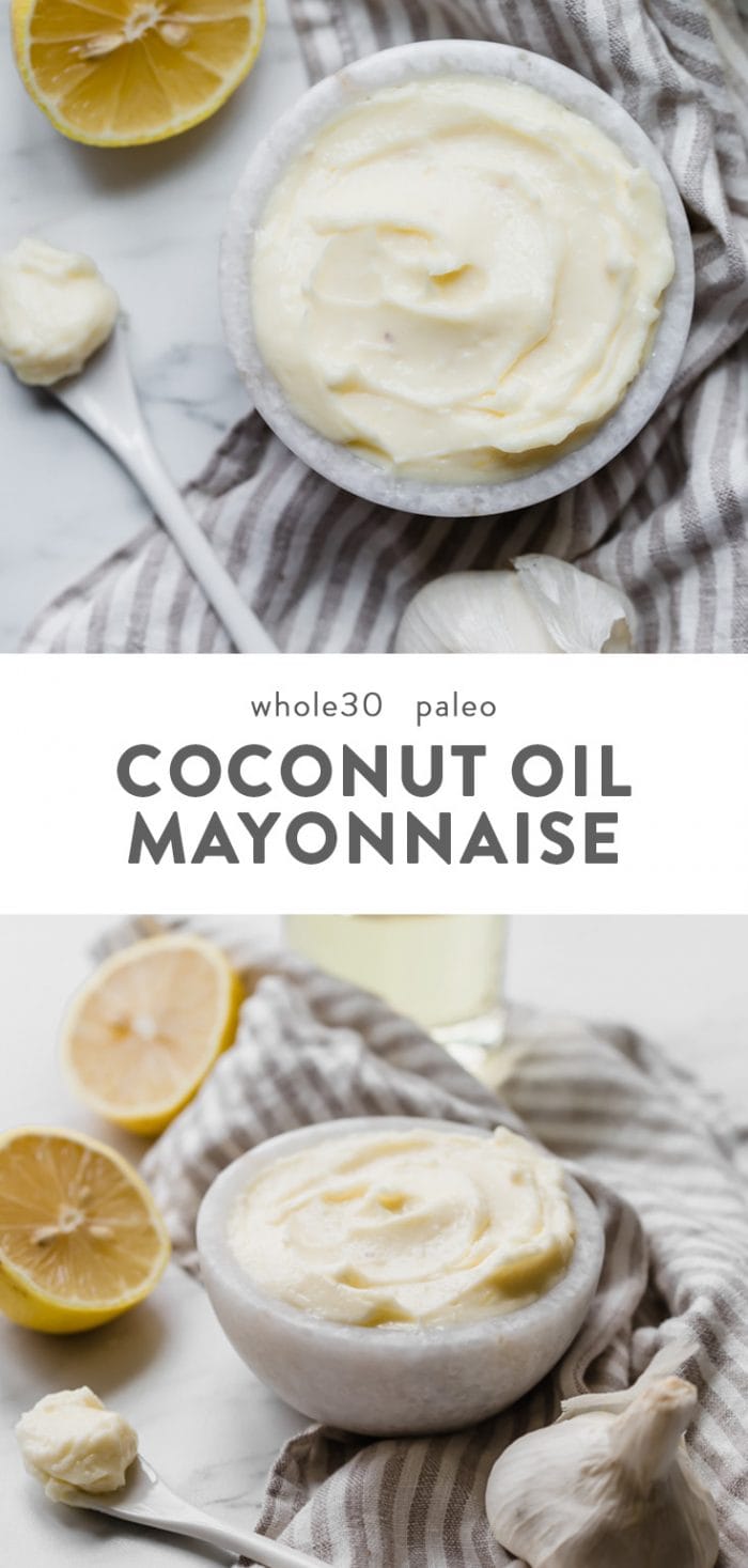 Whole30 mayonnaise made with coconut oil in a small white marble bowl.