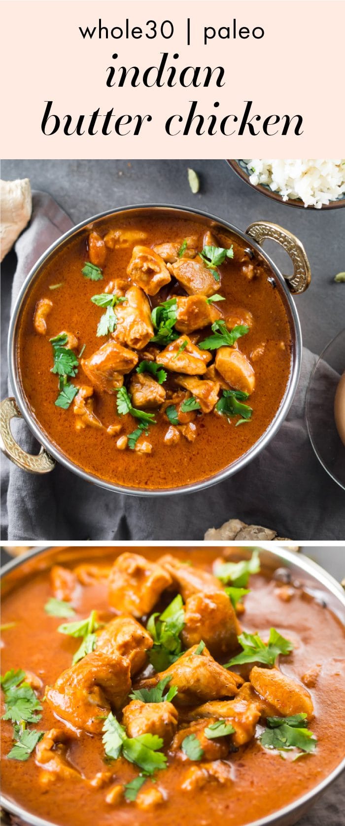 Indian butter chicken in a bowl with cauliflower rice and chai tea