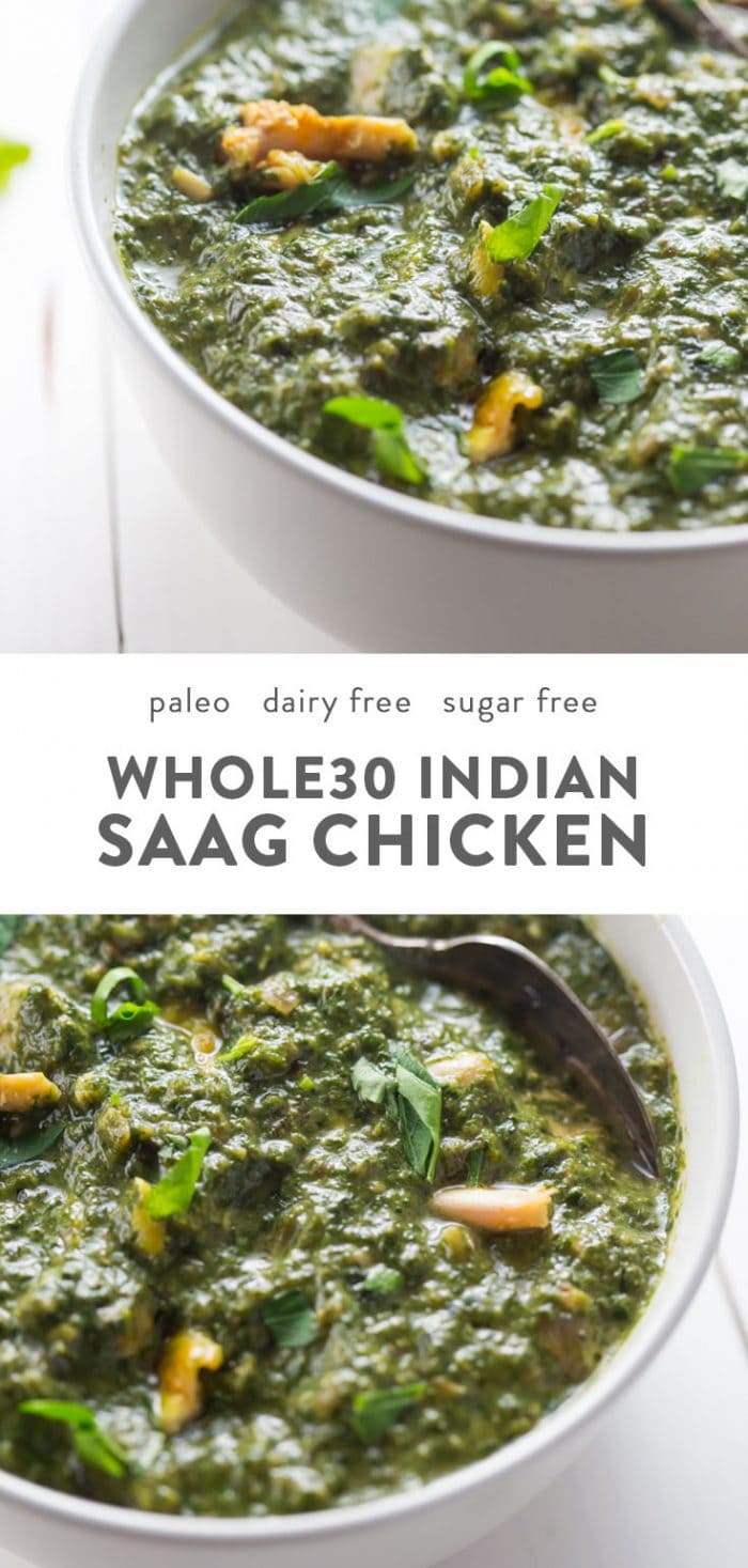 Bowls of dairy free and paleo indian saag chicken.