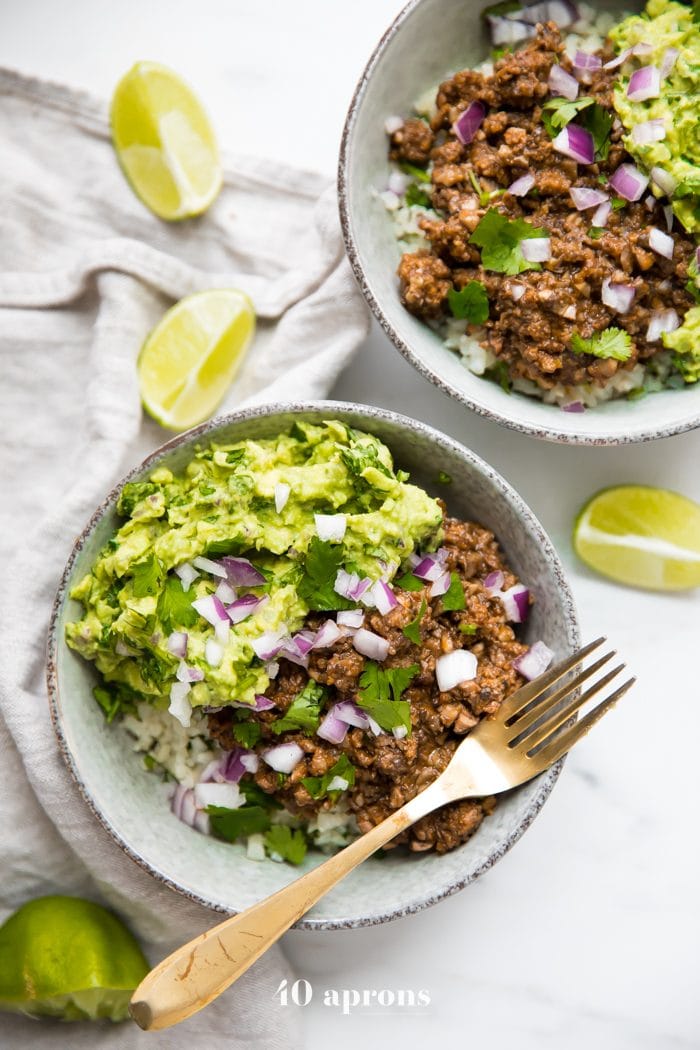 Whole30 chipotle beef & avocado bowl over cilantro-lime cauliflower rice