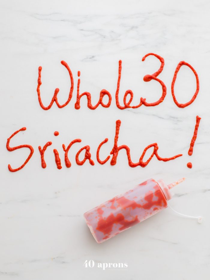 Whole30 sriracha written on counter
