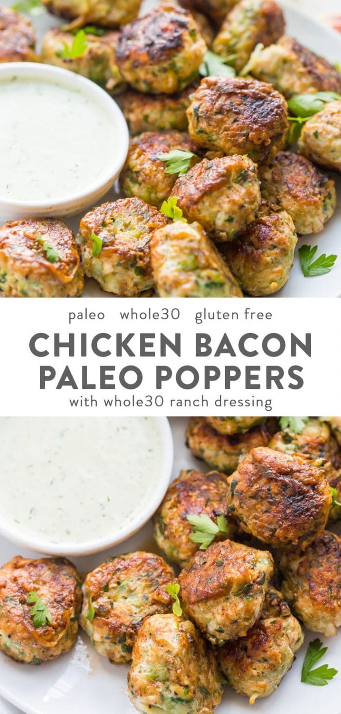 Whole30 chicken bacon poppers with ranch dressing - a crowd pleasing healthy appetizer!