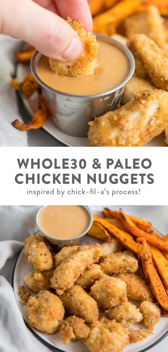 Whole30 and paleo chicken nuggets prepared chick-fil-a style on a white plate with sweet potato fries and dipping sauce.