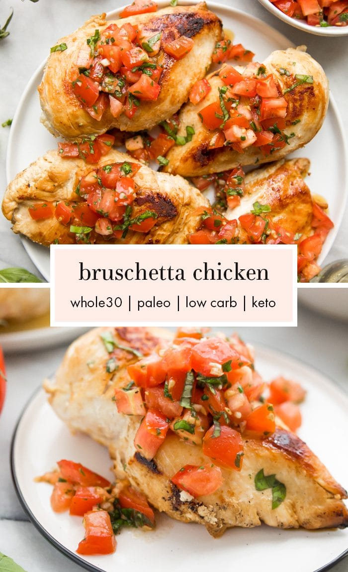 Bruschetta chicken on a plate with fresh basil, bruschetta, and more bruschetta chicken in background
