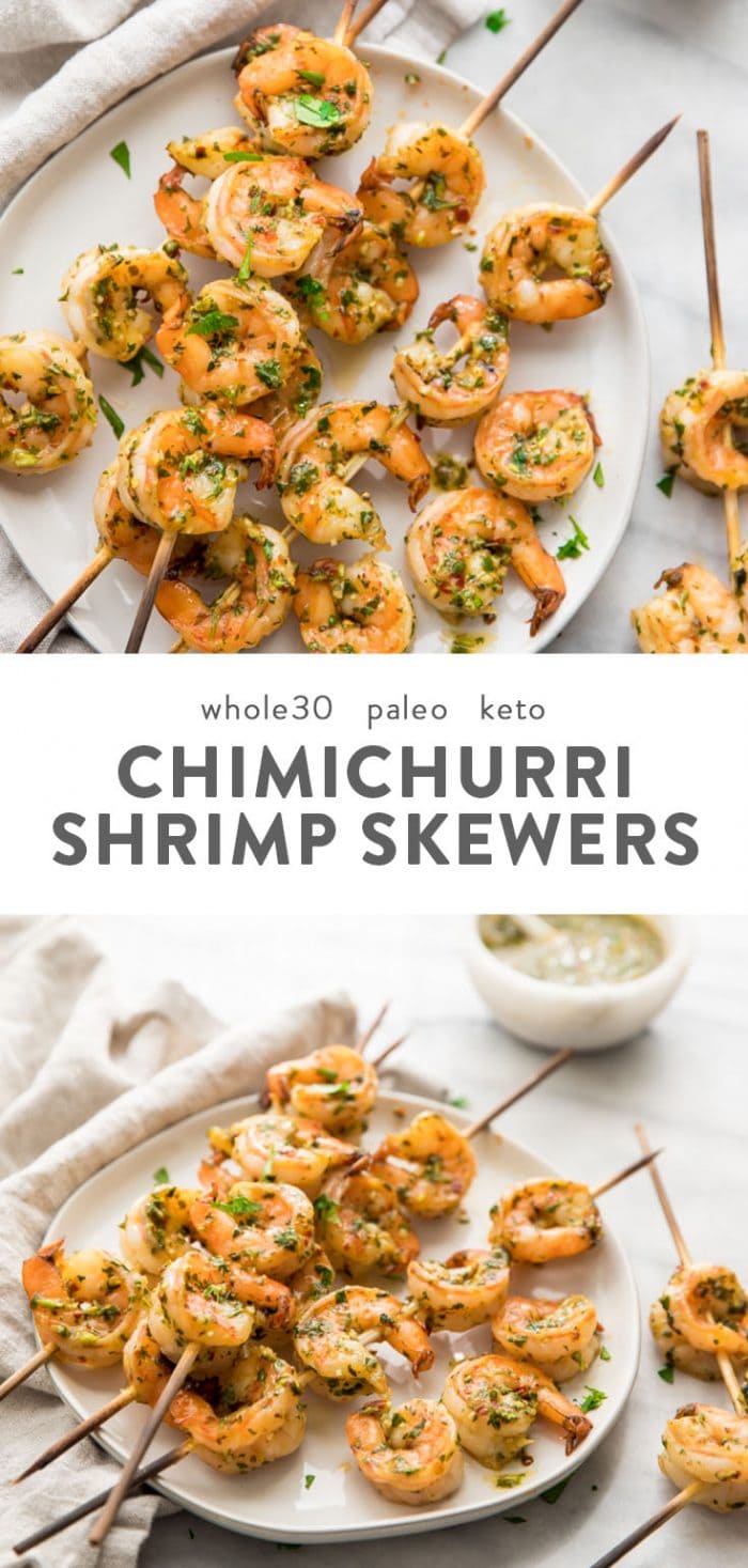 Quick chimichurri shrimp skewers (Whole30, keto) on a plate with text overlay