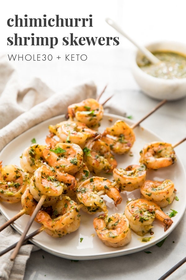 Quick chimichurri shrimp skewers (Whole30, keto) on a plate with text overlay