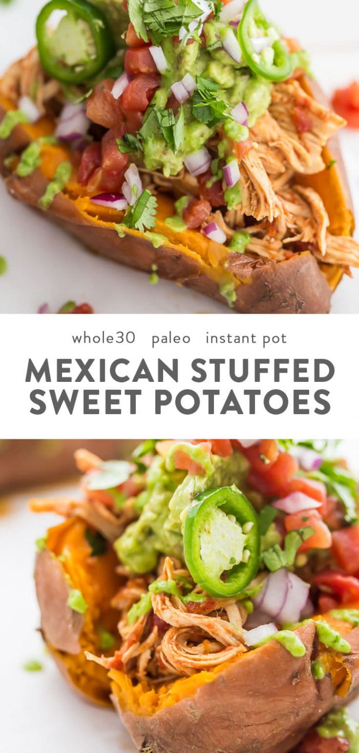 Instant pot mexican chicken stuffed sweet potatoes with whole30 garnishes.