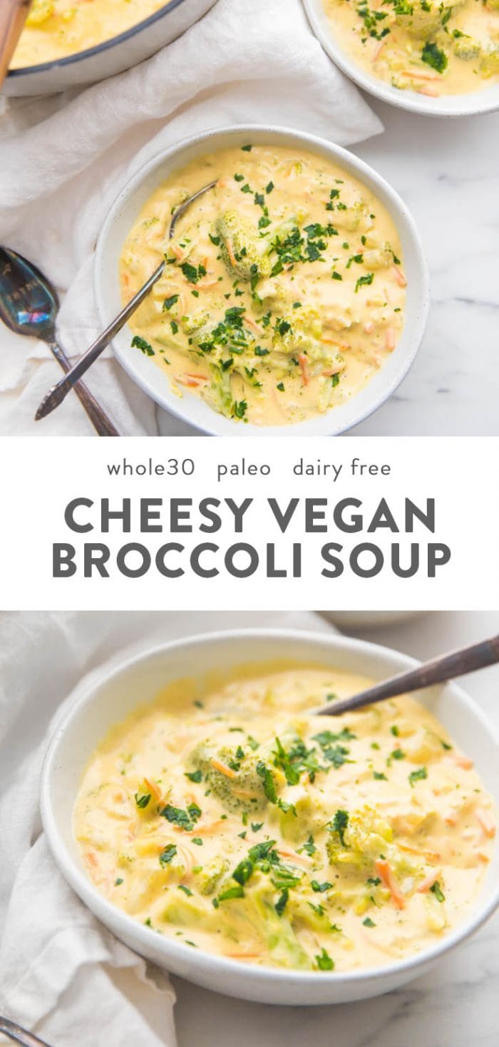 Cheesy vegan broccoli soup in two bowls with soup pot in background