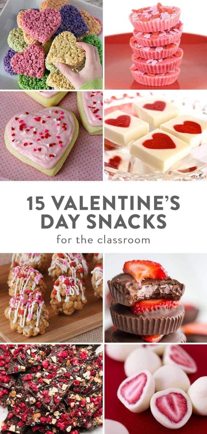 A collage of images depicting kid-friendly Valentine's Day snacks to bring to the classroom for a party.