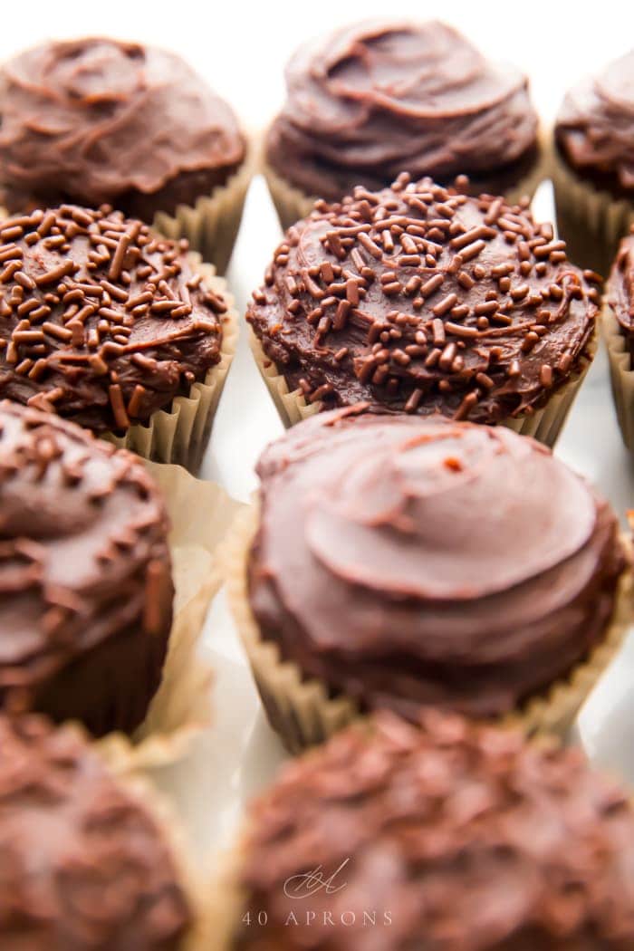 Chocolate paleo cupcakes with dark chocolate frosting close together at an angle