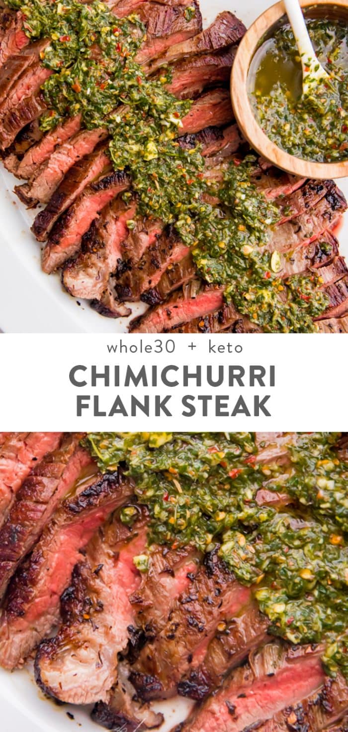 Medium rare flank steak sliced into strips topped with fresh chimichurri sauce