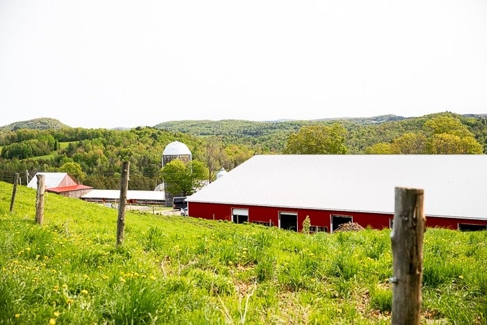 A landscape of Vermont with a red barn and silo