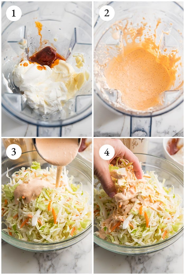 Process shots of making the chipotle sauce and coleslaw