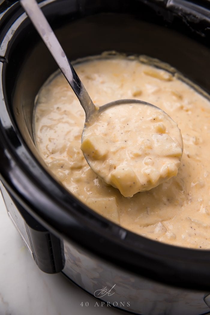 Potato soup in a ladle to serve