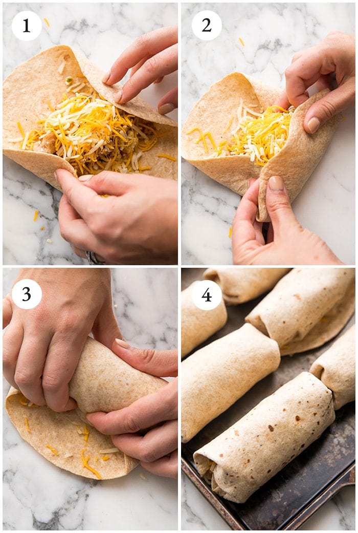 photo collage showing how to roll a freezer breakfast burrito