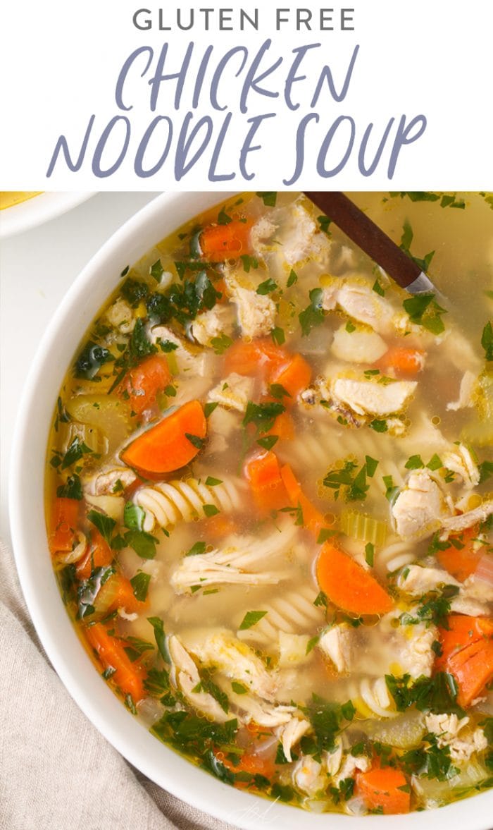 Pinterest graphic. gluten free chicken noodle soup with text overlay