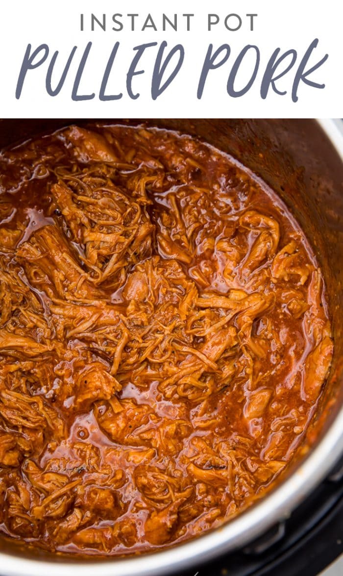 pinterest image of pulled pork made in the instant pot with barbecue sauce.