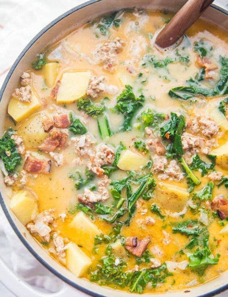 A large pot of Whole30 healthy zuppa toscana recipe.