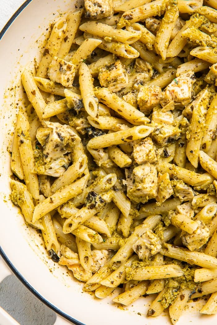 Close-up of chicken pesto pasta in a bowl