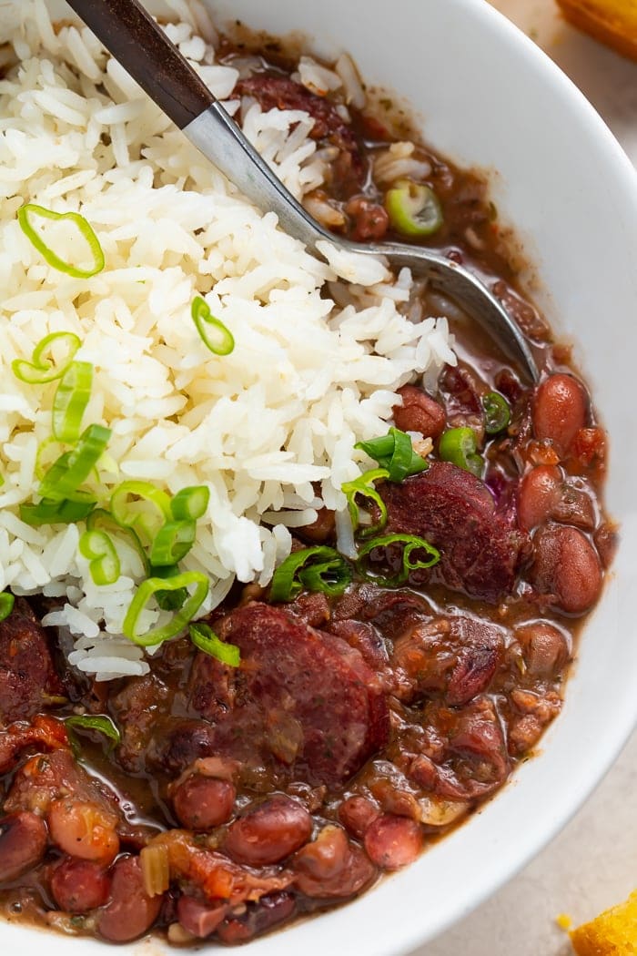 Red beans and rice in a bowl with a spoon