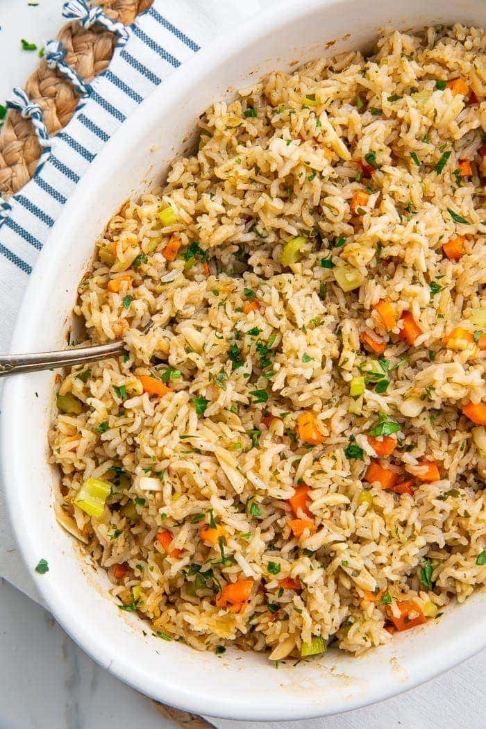Rice pilaf in a baking dish