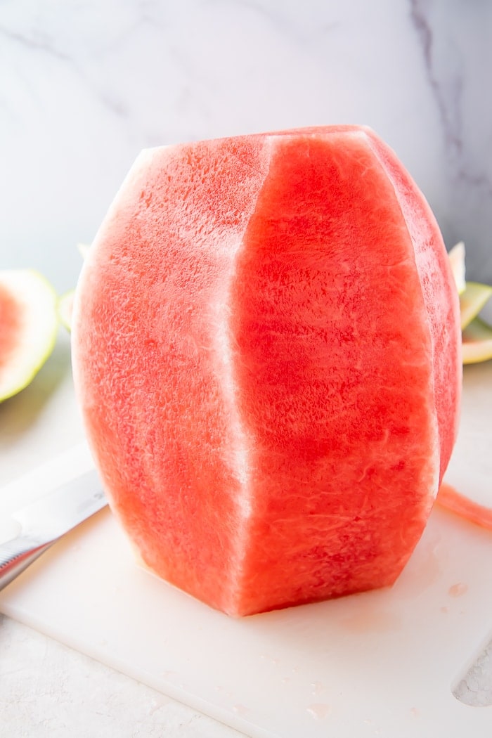Watermelon standing up with rind removed