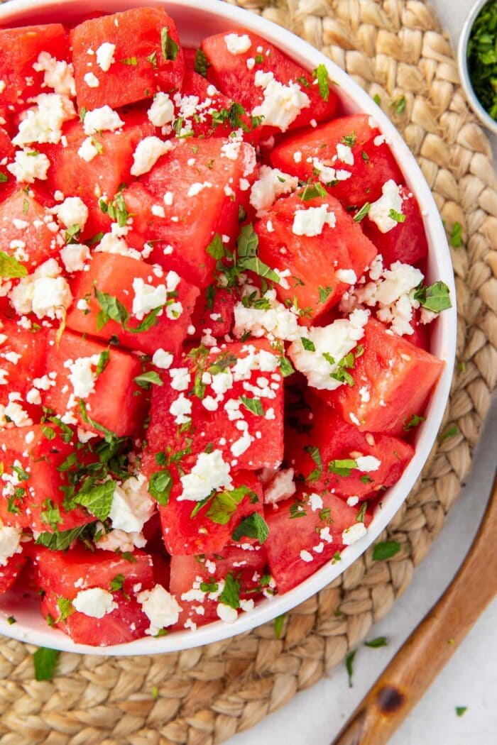 Bowl of watermelon and feta salad with mint